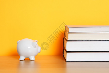 一个小猪银行和一堆书可以用来省钱上图片