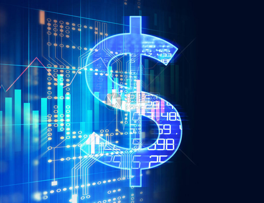 抽象金融技术背景上的美元符号代表区块链和金融图片