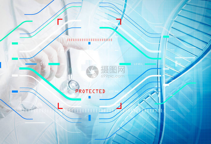 保健医疗保健概念科学家医生手的双重曝光以实验室中的虚拟分图片