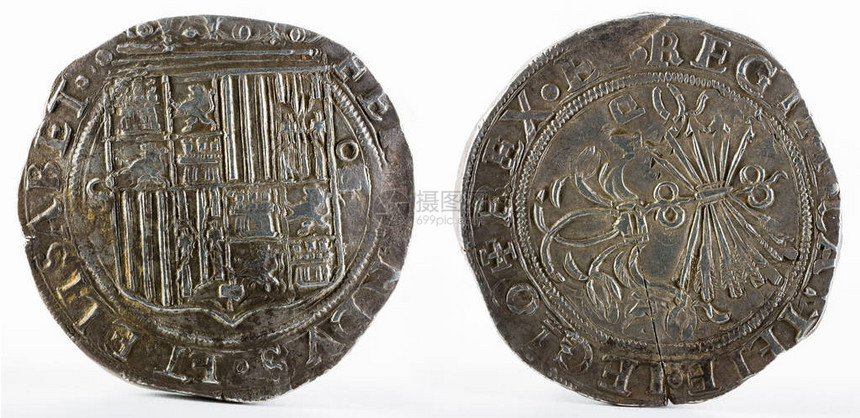 天主教国王古老西班牙银币费尔南多和伊莎贝尔在塞维利亚创造图片