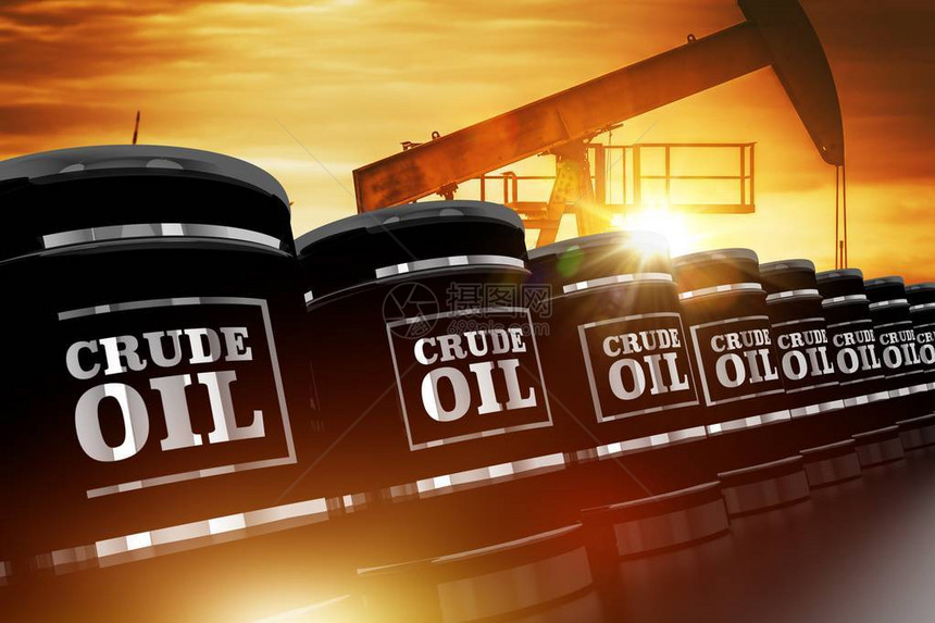 日落期间黑原油桶和油泵的原油贸易概念图片