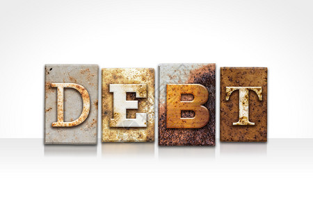讨债DEBT一词是用在白色背景上隔绝的生锈金属平背景