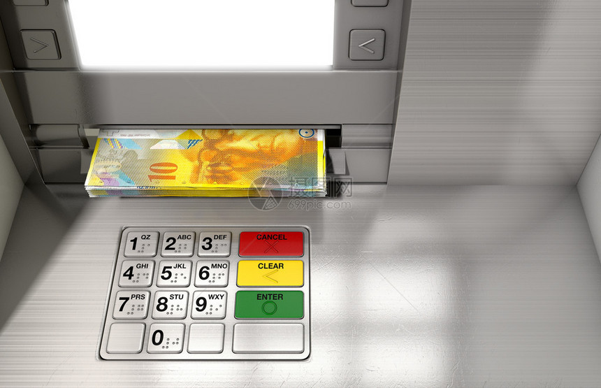 仔细观察一个带有明亮的Sceen和Keypad及一瓦瑞士法郎钞票正在取出的一个通用的At图片