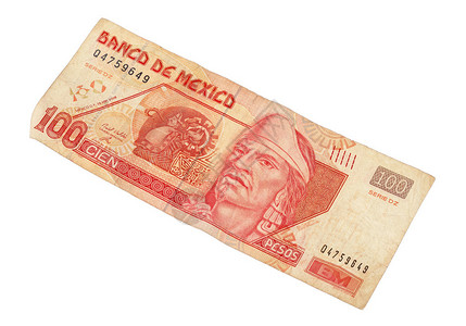 一百墨西哥比索钞票被白背景图片