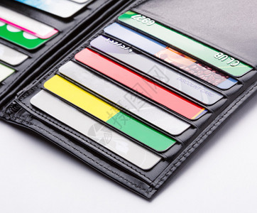 带信用卡和折扣卡的黑色皮革钱包背景图片