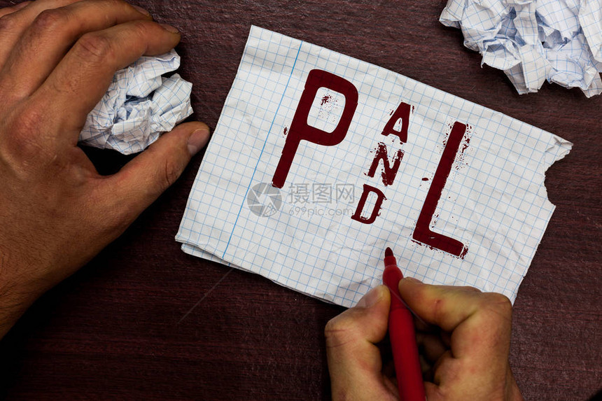 显示P和L的文本符号用于评估公司财务状况的概念照片主要财务报表男子手持标记笔本页面皱巴的文件图片