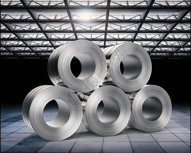 德布劳内3d渲染工厂中的钢板卷堆设计图片