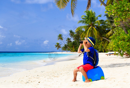 小男孩在夏季热带沙滩旅行带手提箱和望图片