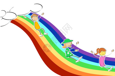 孩子们在彩虹上滑行的插图图片