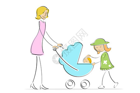 婴儿车中的母亲女儿和婴儿的插图图片