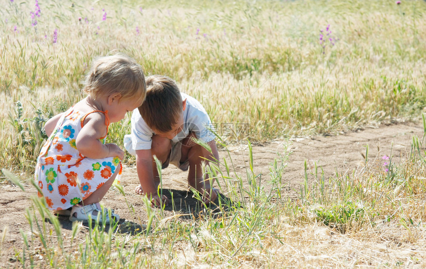 两个孩子在草丛中抓蚱蜢图片