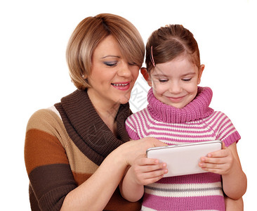 小女孩和妈玩平板电脑图片