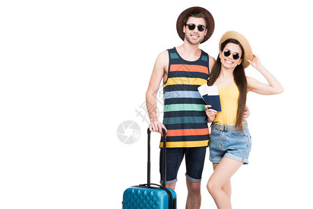带护照机票和行李的快乐旅行者在白图片