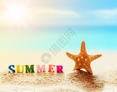 夏天沙滩夏季沙滩和海星的彩色字条图片