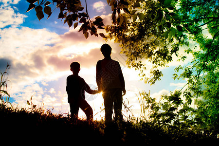 父亲和儿子在日落自然养育子女方面背景图片
