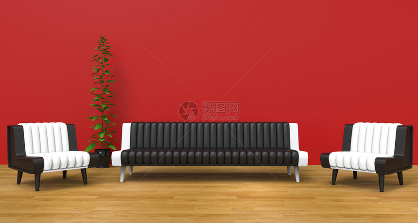 有黑白家具的红色休息室图片