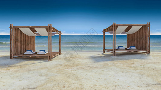 竹棚由海滩上布料环绕而覆盖图片