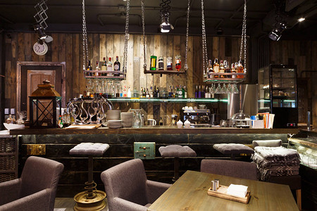 现今设计如阁楼风格现代餐厅和酒吧柜台复制空间等背景图片