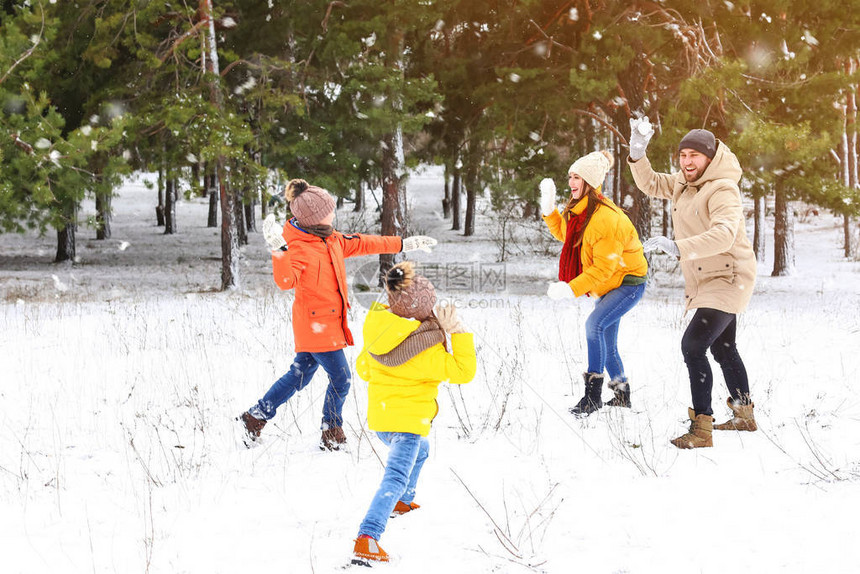 冬日在公园玩雪球的幸福家庭图片