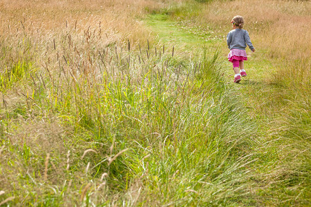秋天在草地上高的草丛中行走的女婴图片
