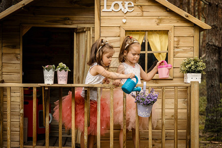 两个可爱的女孩在夏林的树屋里图片