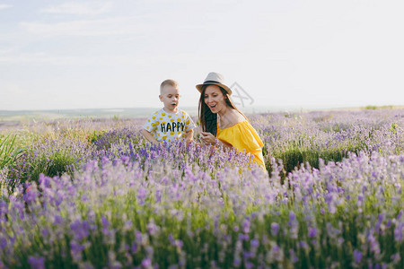 身穿黄色连衣裙的年轻女子走在紫色薰衣草花甸田地背景上图片