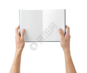 男手拿着白背景空白页的书图片