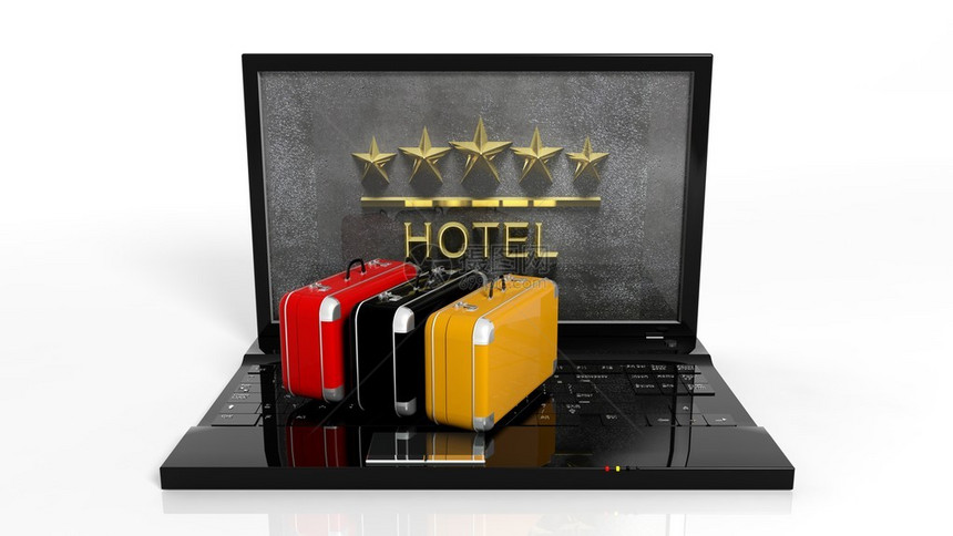 手提笔记本电脑键盘上屏幕上有5星酒店图片