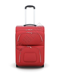 红色手提箱在白色背景的车轮上被隔离图片