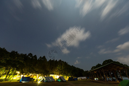 晚上在森林里的田野上露营图片
