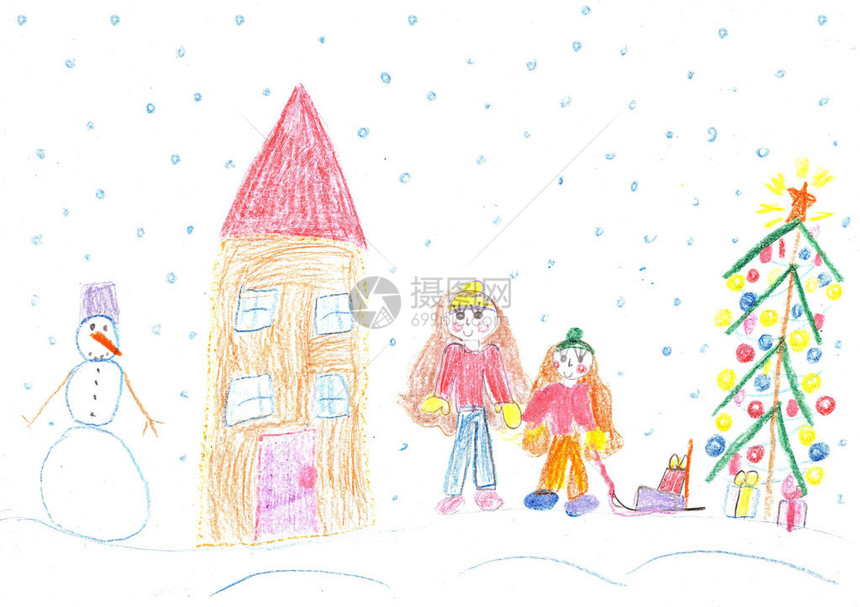 儿童绘画孩子们乘坐冬季雪橇在冬天玩耍图片