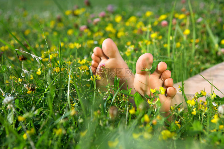 美丽的脚躺在草坪上图片