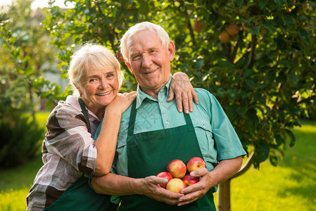 有苹果的老夫妇户外微笑的人图片