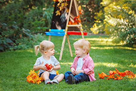 两个白人高加索蹒跚学步的孩子男孩和女孩坐在夏秋公园外面图片
