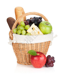带面包和水果的彩篮子高清图片