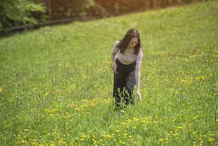 在草原上采花的年轻女子阳图片