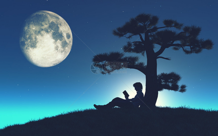 一个年轻人在月光下一棵树下阅读一本书的缝隙这是图片