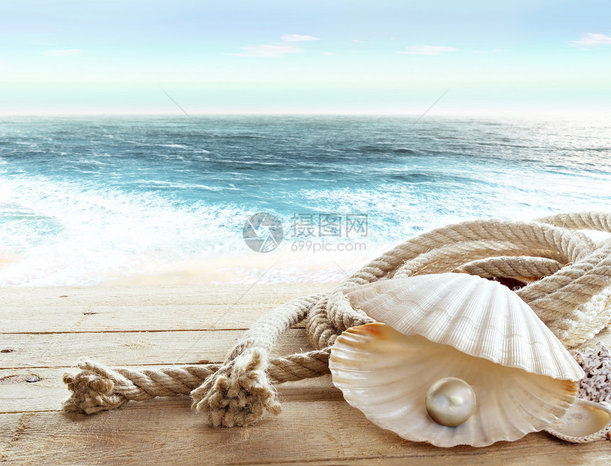 船上有一颗内有珍珠的公海贝壳图片