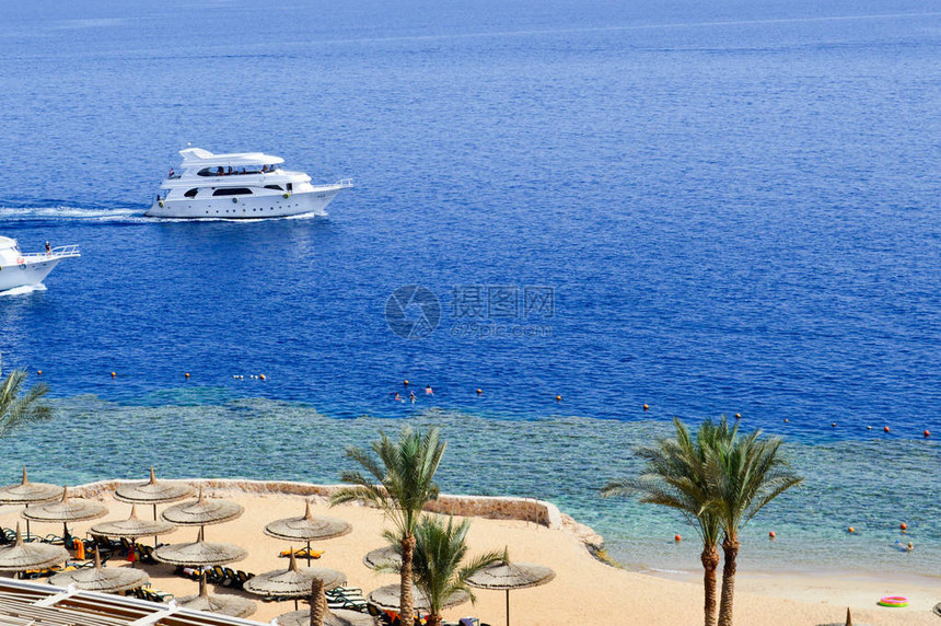 沙滩的顶视图有日光浴床和太阳伞和两艘大白船一艘船一艘游轮漂浮在海中度假图片
