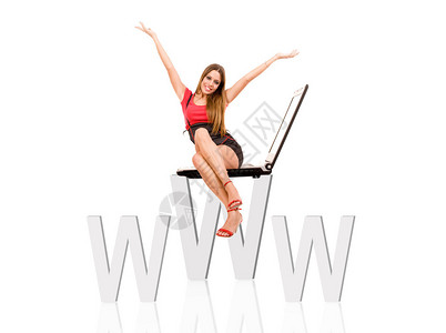 具有吸引力的妇女坐在网络标志上从而形图片