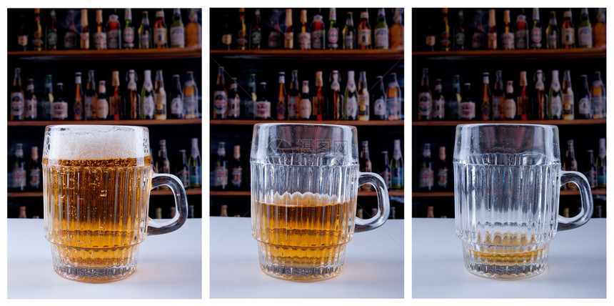 一个酒吧的三张图片展示了啤酒杯啤酒喝啤酒的过程图片