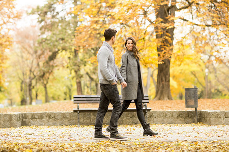 秋天公园里的恩爱夫妻背景图片