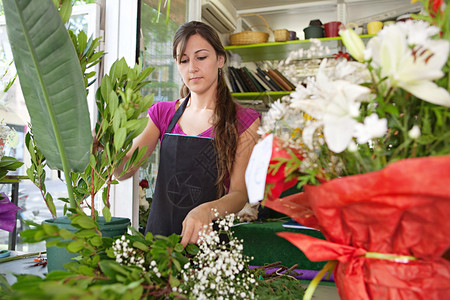 一个有吸引力和专注的花店女老板的肖像图片