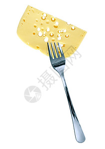 白底新钢叉上的奶酪切片在图片