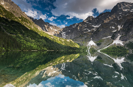 高山湖表面山峰的反射镜图片