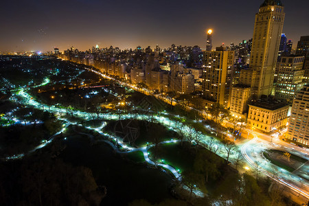 纽约市中央公园夜景鸟瞰图背景图片