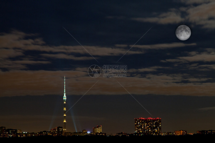 莫斯科城市夜幕全月和奥图片