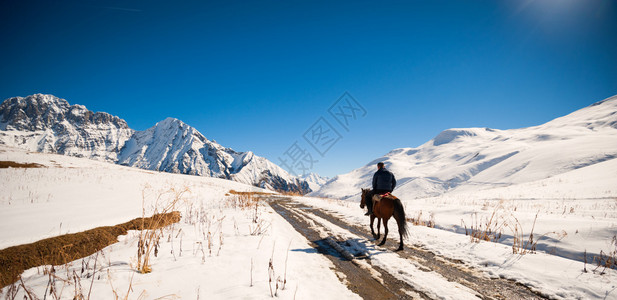 骑马的骑手在高加索地区白雪皑的山峰中图片