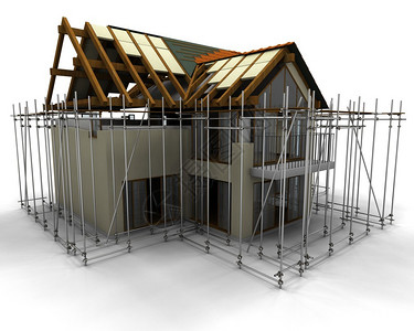 使用脚手架建造的当代房屋3D交付正在建造图片