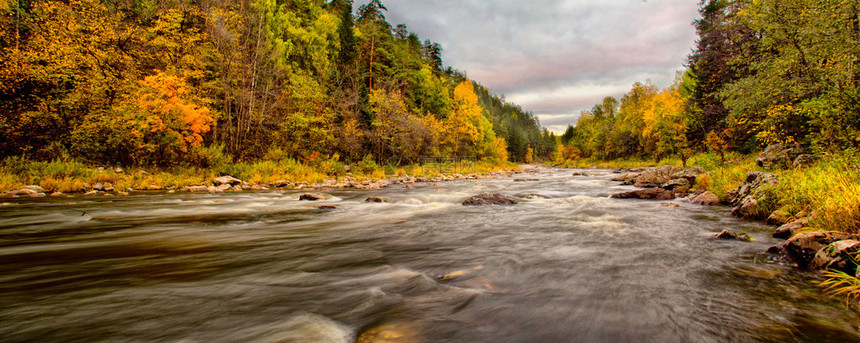 俄罗斯秋天森林间小山河流图片